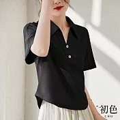 【初色】素色POLO領休閒寬鬆短袖T恤上衣-共2色-68291(M-2XL可選) M 黑色