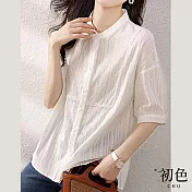 【初色】立領簡約紋理寬鬆五分袖襯衫上衣-白色-67253(M-XL可選) XL 白色