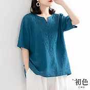 【初色】棉麻風短袖寬鬆V領刺繡襯衫上衣-共6色-67336(M-2XL可選) M 藍色