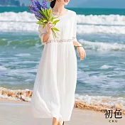【初色】寬鬆圓領棉麻風口袋長款洋裝-共2色-67478(M-2XL可選) M 白色