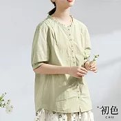 【初色】寬鬆棉麻風純色立領泡泡袖襯衫上衣-共2色-67325(M-2XL可選) M 淺綠色