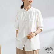 【初色】寬鬆棉麻風純色立領泡泡袖襯衫上衣-共2色-67325(M-2XL可選) M 杏色
