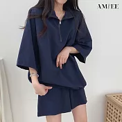 【AMIEE】高領球衣風休閒運動套裝(KDA-073) L 藏藍