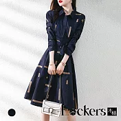 【Lockers 木櫃】夏季復古收腰長袖襯衫連衣裙 L112052906 XL 藏藍色XL