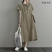 【AMIEE】日系氣質棉麻洋裝(KDDY-6137) 2XL 軍綠