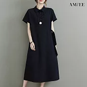 【AMIEE】日系氣質棉麻洋裝(KDDY-6137) 2XL 黑色