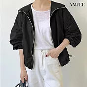 【AMIEE】率性落肩防風連帽外套(KDCY-7323) L 黑色