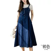 【初色】拉鍊休閒牛仔背帶裙中長連身裙連衣裙洋裝-藍色-67500(M-2XL可選) L 藍色