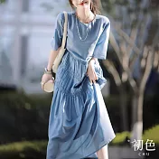 【初色】氣質圓領皺褶寬鬆顯瘦五分袖連衣裙長裙洋裝-共2色-68471(M-2XL可選) L 藍色