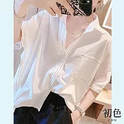 【初色】簡約棉麻風撞色線條圍領襯衫上衣-白色-67179(L-XL可選) XL 白色