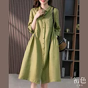 【初色】素色棉麻風翻領單排扣七分袖連身洋裝-共2色-67205(M-2XL可選) XL 綠色