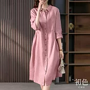 【初色】素色棉麻風翻領單排扣七分袖連身洋裝-共2色-67205(M-2XL可選) XL 粉色