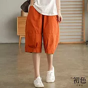 【初色】休閒中性寬鬆口袋五分鬆緊短褲-共4色-67177(M-2XL可選) M 橘色