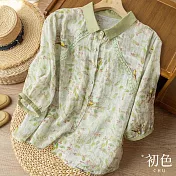 【初色】棉麻風印花寬鬆七分袖襯衫上衣-共3色-67187(M-2XL可選) L 綠色