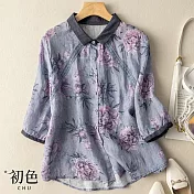 【初色】棉麻風印花寬鬆七分袖襯衫上衣-共3色-67187(M-2XL可選) L 紫色