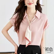 【初色】翻領條紋領巾拼接寬鬆短袖襯衫上衣-共2色-68405(M-2XL可選) L 粉紅色