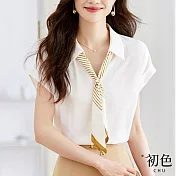 【初色】翻領條紋領巾拼接寬鬆短袖襯衫上衣-共2色-68405(M-2XL可選) L 白色