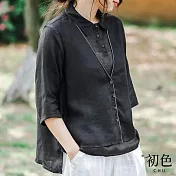 【初色】夏季薄款假兩件翻領五分袖短袖排扣襯衫上衣-共4色-68459(M-2XL可選) 2XL 黑色