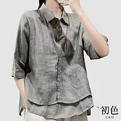 【初色】夏季薄款假兩件翻領五分袖短袖排扣襯衫上衣-共4色-68459(M-2XL可選) 2XL 灰色