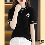 【初色】冰絲感短袖針織圓領T恤上衣-共3色-62251(F可選) F 黑色