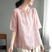 【初色】棉麻風寬鬆小圓領五分袖上衣-共3色-67465(M-2XL可選) L 粉色