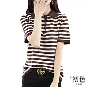 【初色】襯衫領撞色條紋拼接針織衫上衣-共5色-66851(F可選) F 咖啡色
