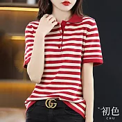 【初色】襯衫領撞色條紋拼接針織衫上衣-共5色-66851(F可選) F 紅色