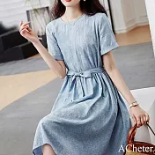 【ACheter】 短袖緹花連身裙圓領肌理感休閒系帶藍色氣質短袖中長洋裝# 117617 2XL 藍色
