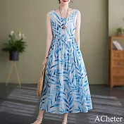 【ACheter】 竹林清新文藝大碼圓領棉麻碎花無袖連身裙背心長版洋裝# 117727 2XL 天空藍色