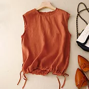 【ACheter】 木耳邊圓領無袖棉麻輕薄涼爽簡約短版背心上衣# 117633 M 橘色