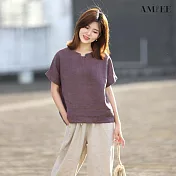 【AMIEE】經典百搭落肩棉麻上衣(KDTY-3654) L 灰紫色