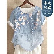 【慢。生活】文藝復古印花設計感棉質上衣 03876  FREE 藍色