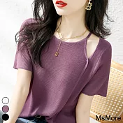 【MsMore】 設計感鏤空顯瘦時尚百搭圓領純色短袖冰絲針織短版上衣# 117701 FREE 紫色