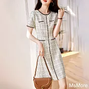 【MsMore】 小香風連身裙優雅氣質圓領顯瘦短袖格紋直筒中長版洋裝# 117800 XL 格子色