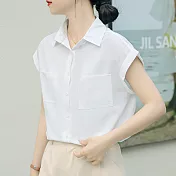 【MsMore】 落肩短袖上衣寬鬆襯衫短版設計感休閒垂感純色百搭上衣# 117762 M 白色