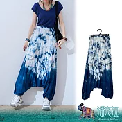 潘克拉 | 藍染紮染垂吊口袋鬆緊腰縲縈飛鼠褲 TM1517  FREE 藍色