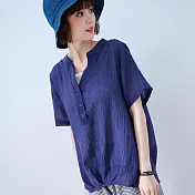 【慢。生活】薄款假兩件開扣襯衫領皺面上衣 7223-69 FREE 藍色