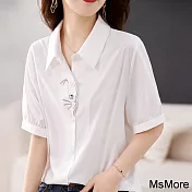 【MsMore】 簡約OL風減齡繡花白色棉布襯衫休閒百搭短袖短版上衣# 117847 L 白色