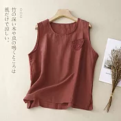【ACheter】 純棉麻上衣寬鬆顯瘦休閒百搭無袖圓領背心短版上衣# 117837 XL 紅色