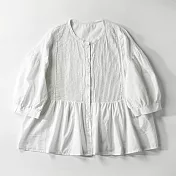 【ACheter】 日系甜美重工風琴褶法式泡泡短袖單排扣襯衫棉麻拼接A字短版上衣# 117539 M 白色