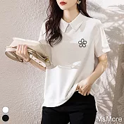 【MsMore】 花瓣刺繡短袖寬鬆polo衫寬鬆短版上衣# 117811 2XL 白色