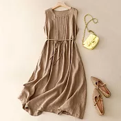 【ACheter】 復古文藝圓領無袖棉麻寬鬆顯瘦中長款連身裙背心洋裝# 117820 L 卡其色