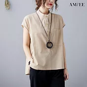 【AMIEE】復古圓領排扣無袖襯衫(4色/M-2XL/KDTY-3467) XL 杏色
