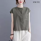 【AMIEE】復古圓領排扣無袖襯衫(4色/M-2XL/KDTY-3467) XL 橄欖綠