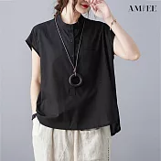 【AMIEE】復古圓領排扣無袖襯衫(4色/M-2XL/KDTY-3467) XL 黑色