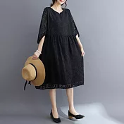 【ACheter】 文藝大碼圓領寬鬆簡約剪花七分袖連身裙中長版洋裝# 117920 2XL 黑色