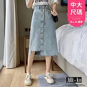 【Jilli~ko】高腰排釦不對稱抽鬚設計感牛仔裙 M-L J10757  M 藍色