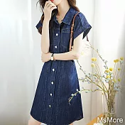 【MsMore】 休閒薄款牛仔裙翻邊短袖收腰氣質百搭連身裙中長版洋裝# 117495 L 牛仔藍色
