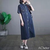 【ACheter】 薄款牛仔連身裙韓版休閒短袖寬鬆長款復古襯衫洋裝# 117662 M 深藍色