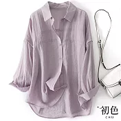 【初色】翻領透氣寬鬆素色長袖襯衫上衣-共3色-68544(M-2XL可選) L 紫色
